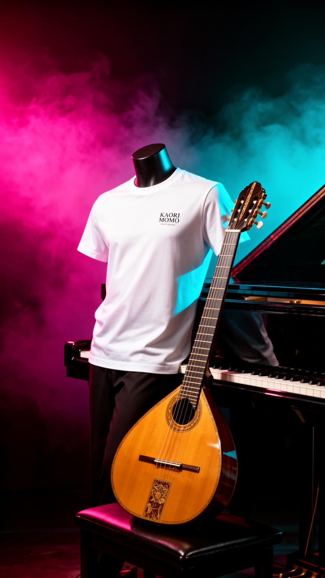 Manequim com t-shirt KAORI MOMO ao lado de um piano preto e de uma guitarra portuguesa de fado